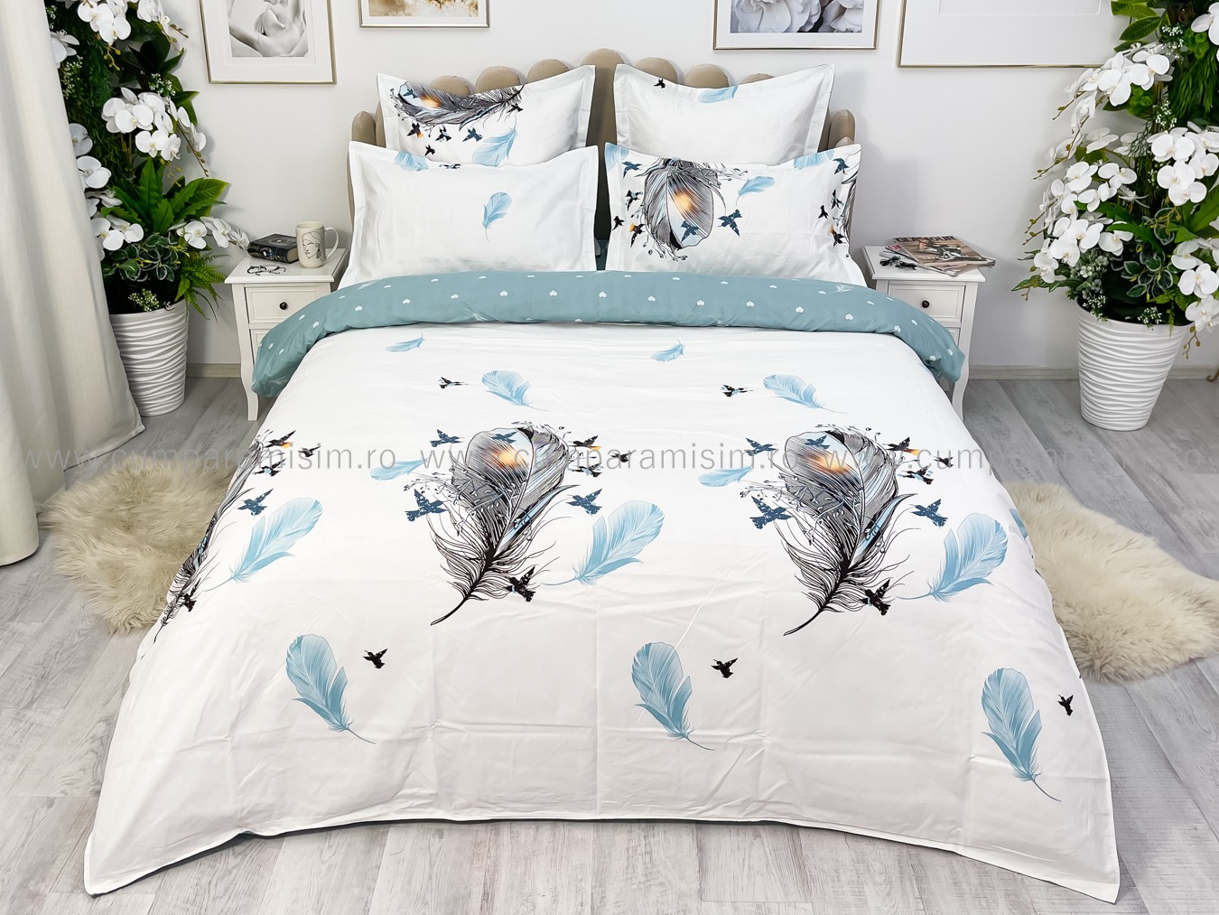 Lenjerie pat dublu cu ELASTIC, Finet, 6 piese, Albastru, pene - imagine 2