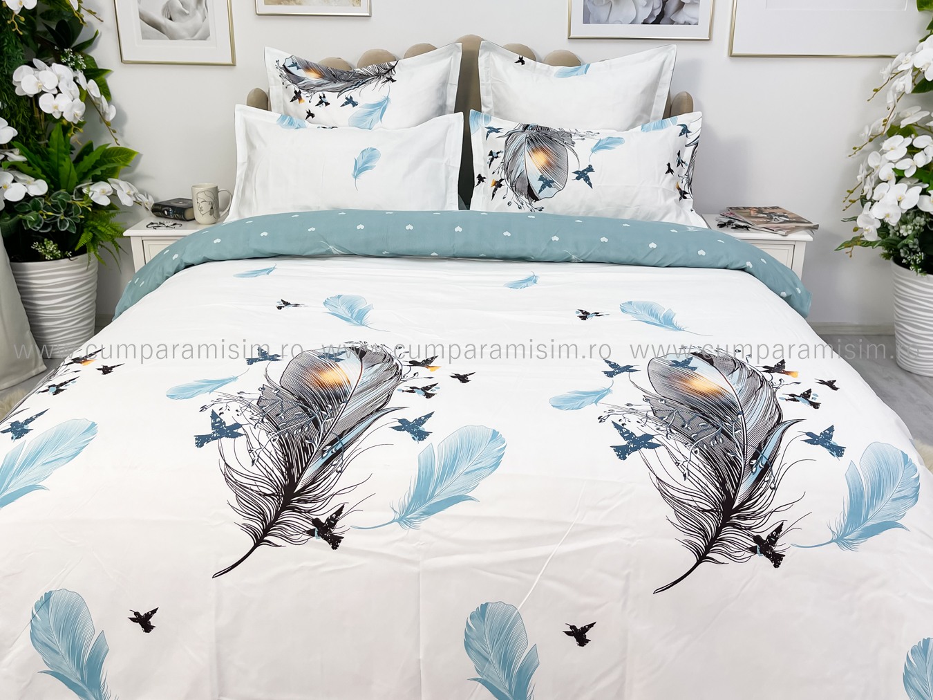 Lenjerie pat dublu cu ELASTIC, Finet, 6 piese, Albastru, pene - imagine 3