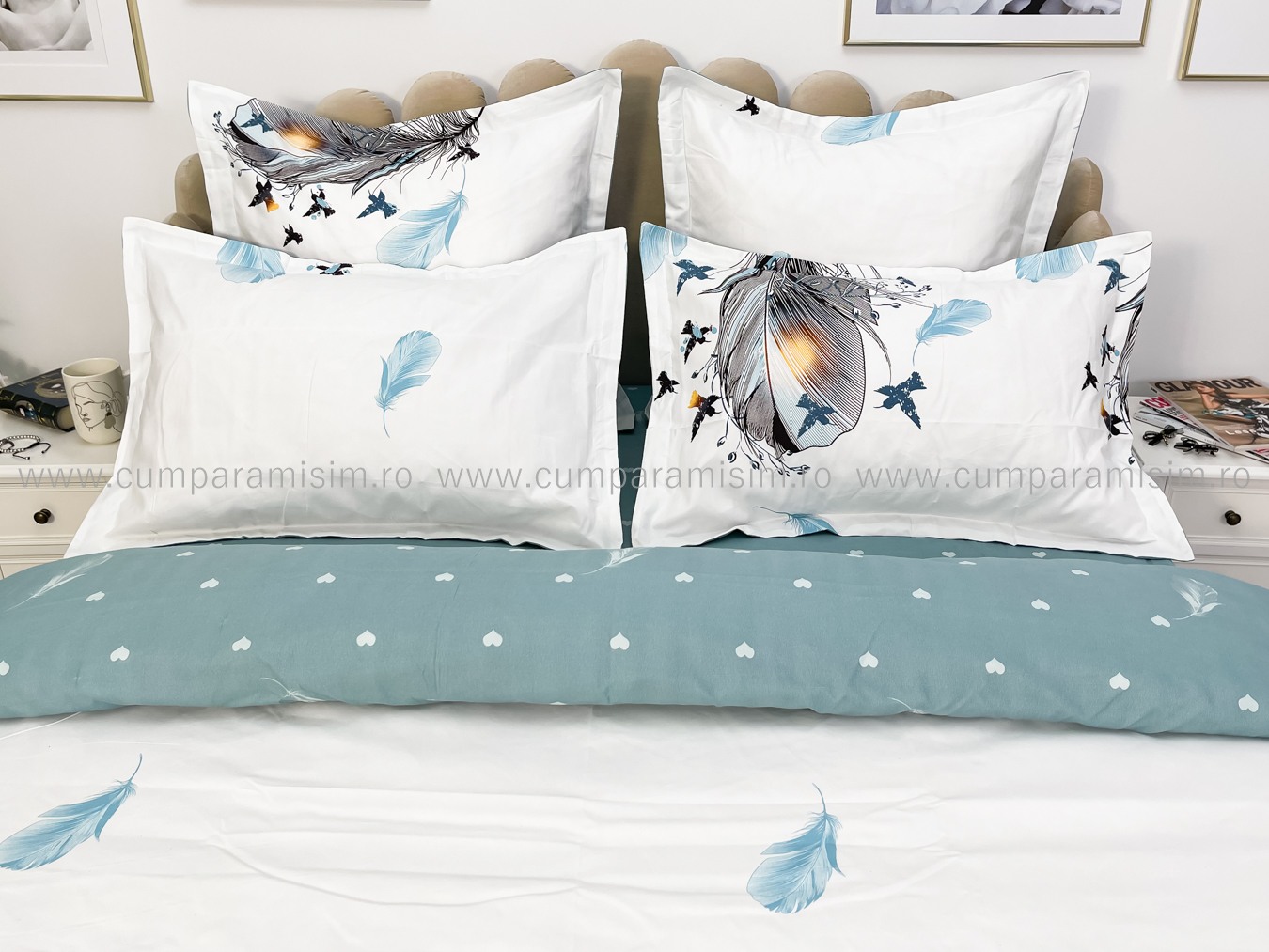 Lenjerie pat dublu cu ELASTIC, Finet, 6 piese, Albastru, pene - imagine 4
