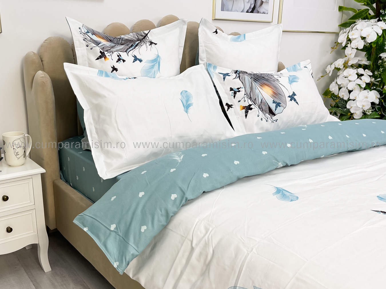 Lenjerie pat dublu cu ELASTIC, Finet, 6 piese, Albastru, pene - imagine 5