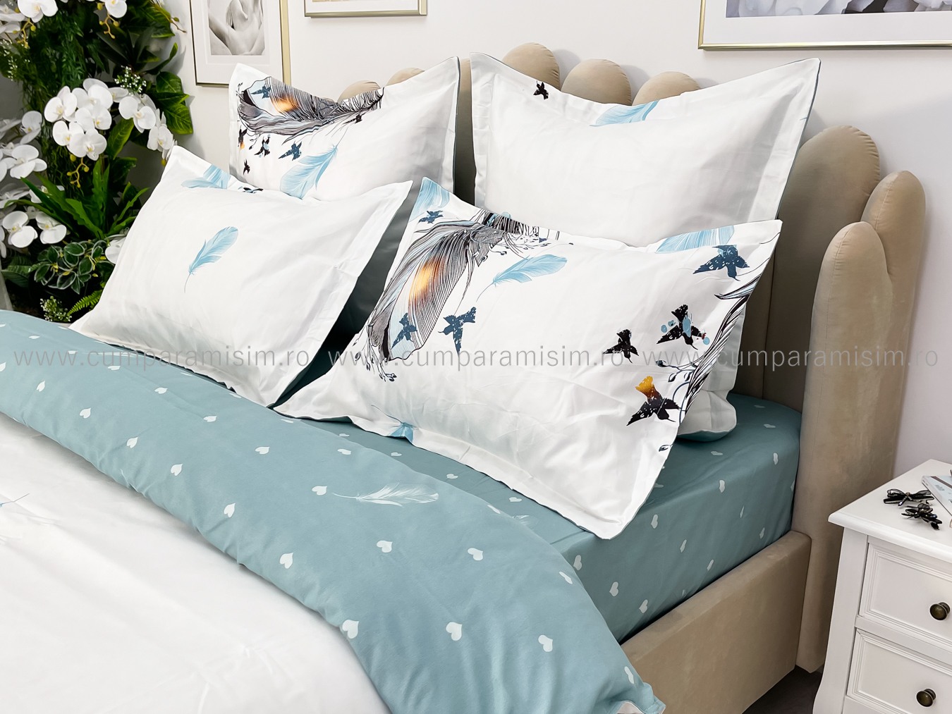 Lenjerie pat dublu cu ELASTIC, Finet, 6 piese, Albastru, pene - imagine 6