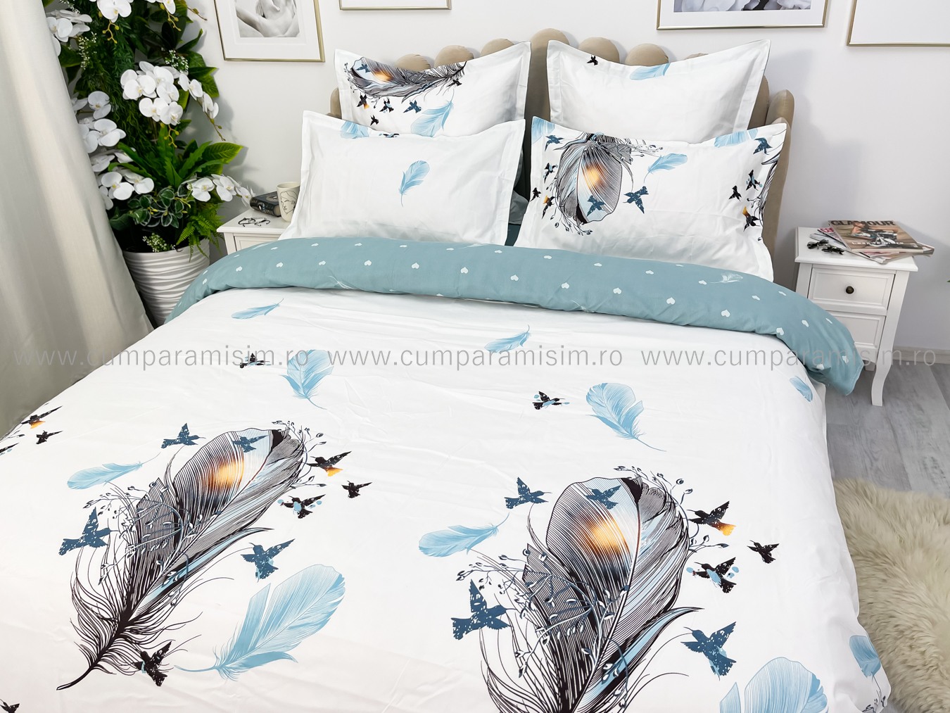 Lenjerie pat dublu cu ELASTIC, Finet, 6 piese, Albastru, pene - imagine 7