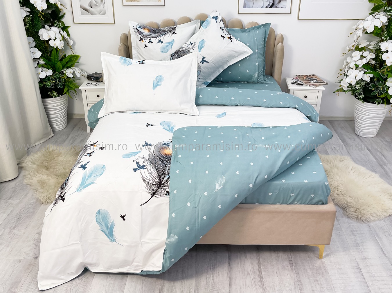 Lenjerie pat dublu cu ELASTIC, Finet, 6 piese, Albastru, pene - imagine 8