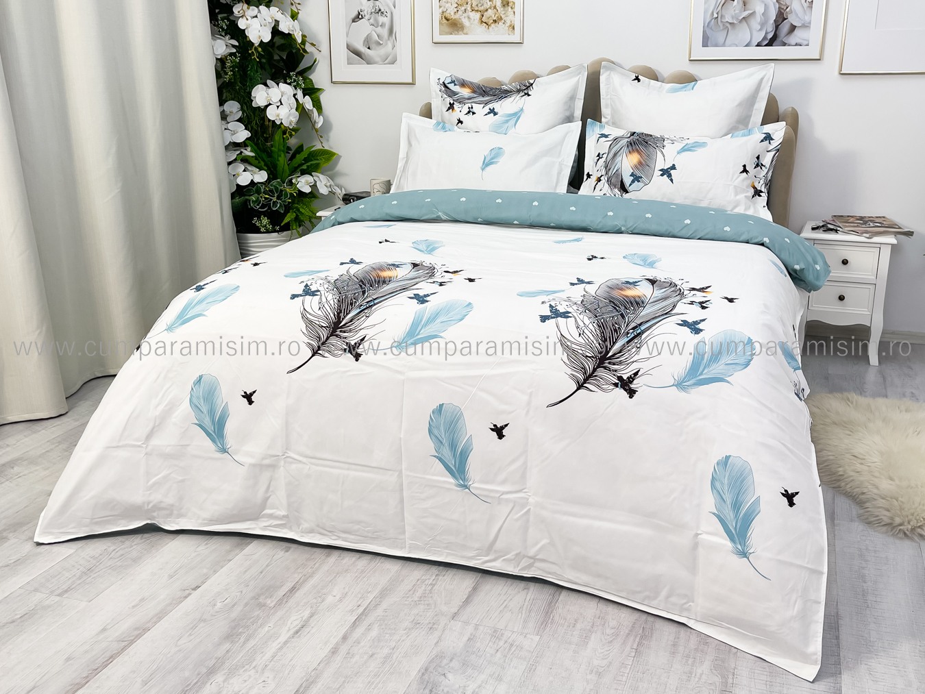 Lenjerie pat dublu cu ELASTIC, Finet, 6 piese, Albastru, pene - imagine 9