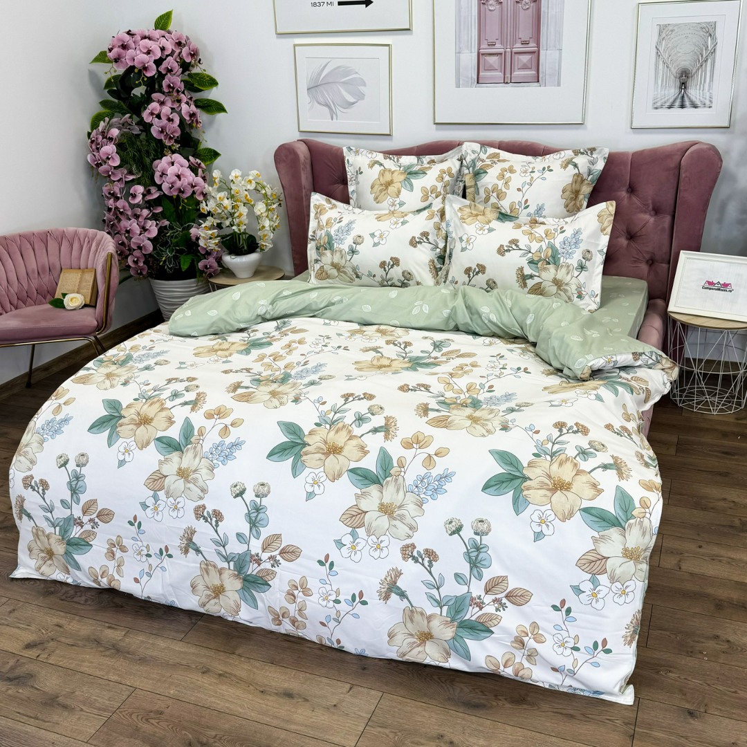 Lenjerie pat dublu cu ELASTIC, Finet, 6 piese, Verde, flori - imagine 2