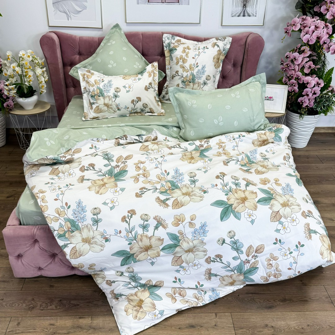Lenjerie pat dublu cu ELASTIC, Finet, 6 piese, Verde, flori - imagine 5