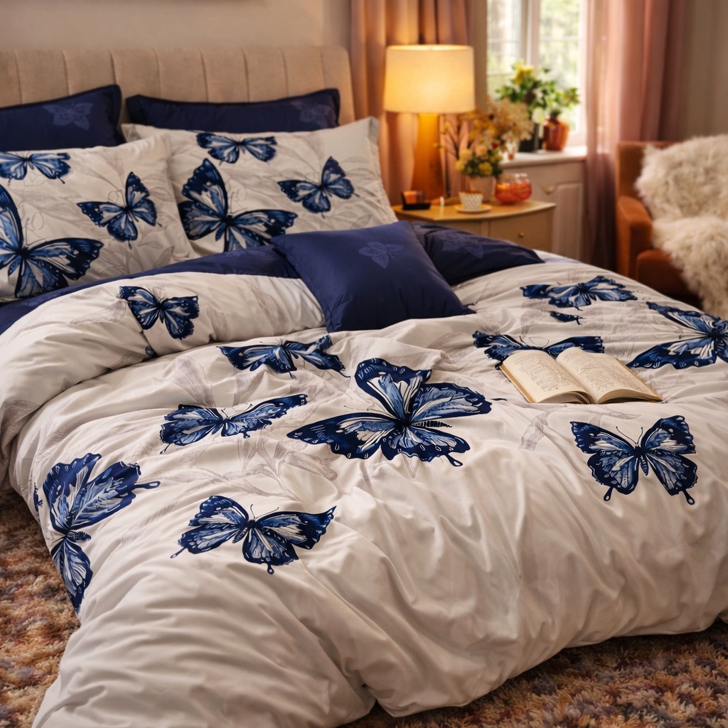 Lenjerie pat dublu cu ELASTIC, Finet, 6 piese, Albastru, Gri, fluturi - imagine 5