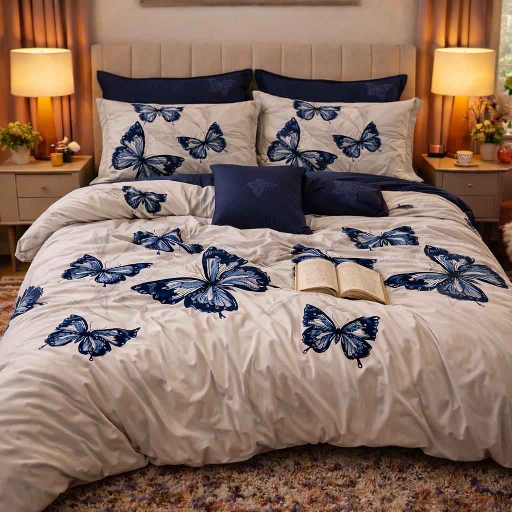 Lenjerie pat dublu cu ELASTIC, Finet, 6 piese, Albastru, Gri, fluturi - imagine 6