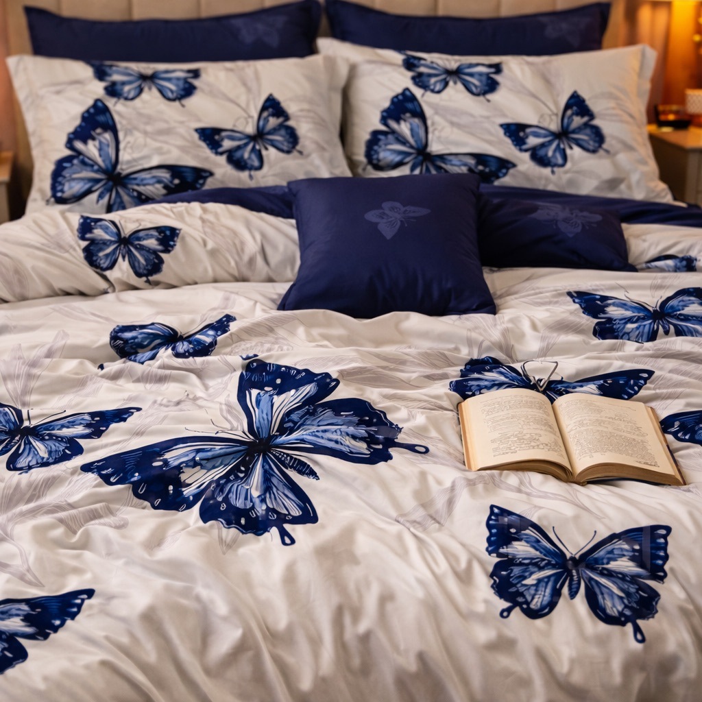 Lenjerie pat dublu cu ELASTIC, Finet, 6 piese, Albastru, Gri, fluturi - imagine 7