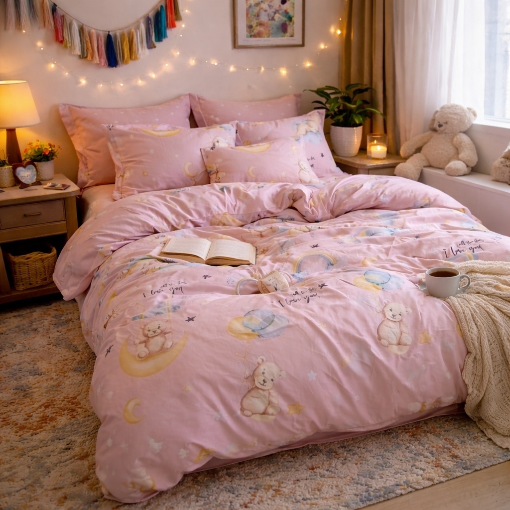 Lenjerie pat dublu cu ELASTIC, Finet, 6 piese, Roz, ursuleti - imagine 2