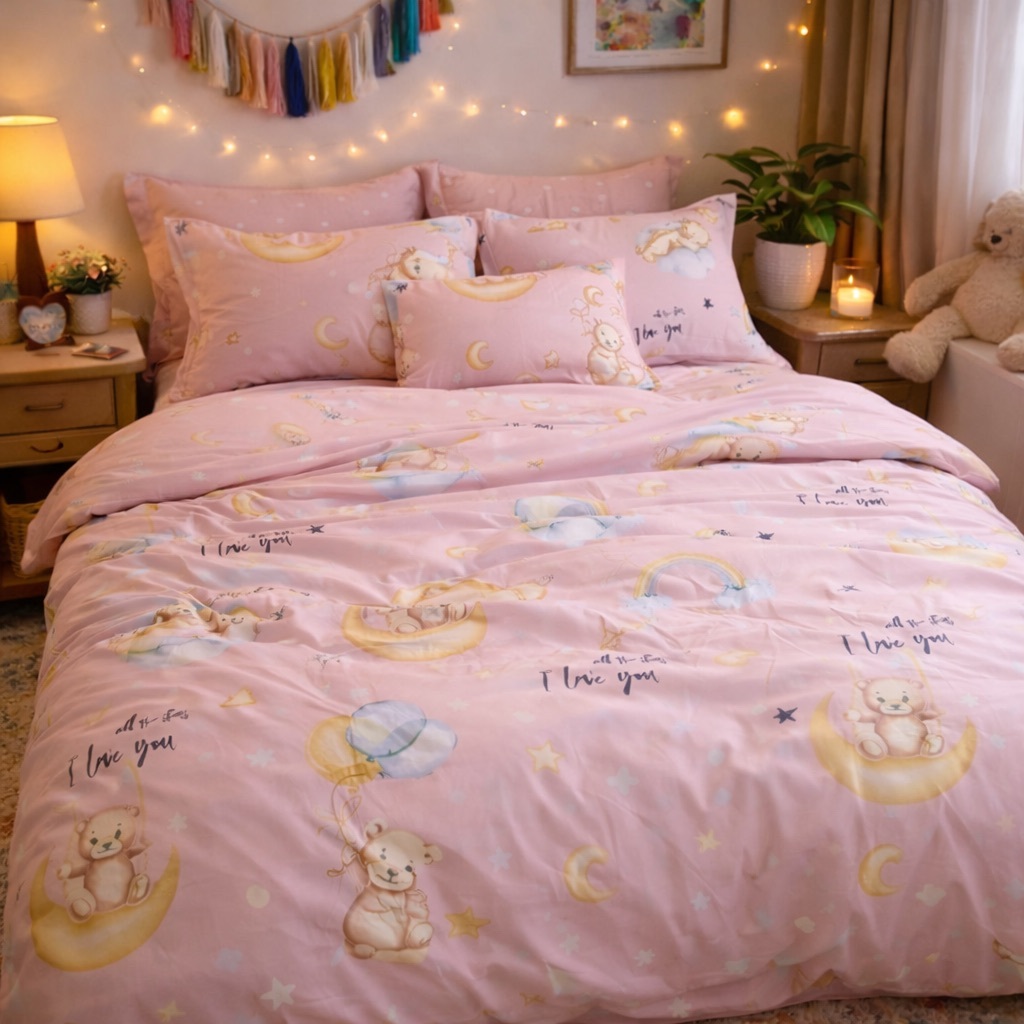 Lenjerie pat dublu cu ELASTIC, Finet, 6 piese, Roz, ursuleti - imagine 3