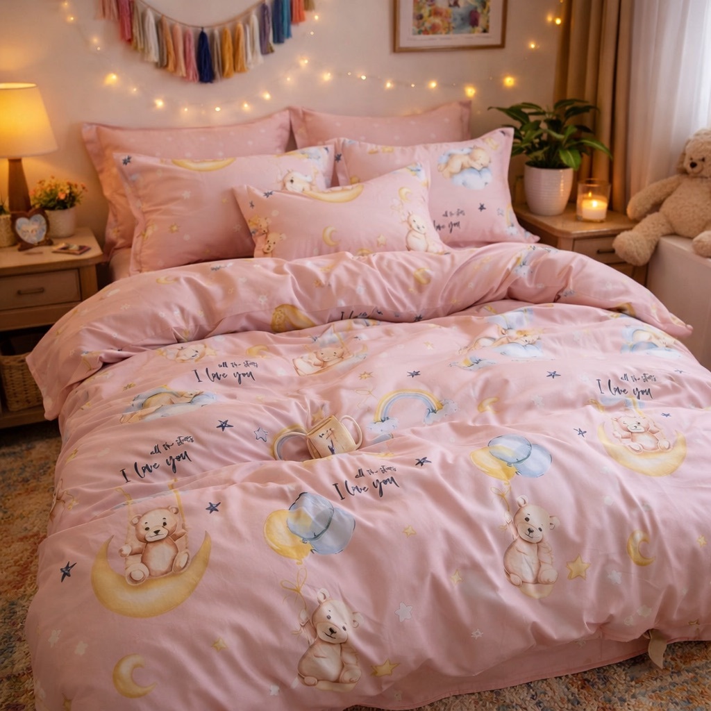 Lenjerie pat dublu cu ELASTIC, Finet, 6 piese, Roz, ursuleti - imagine 4