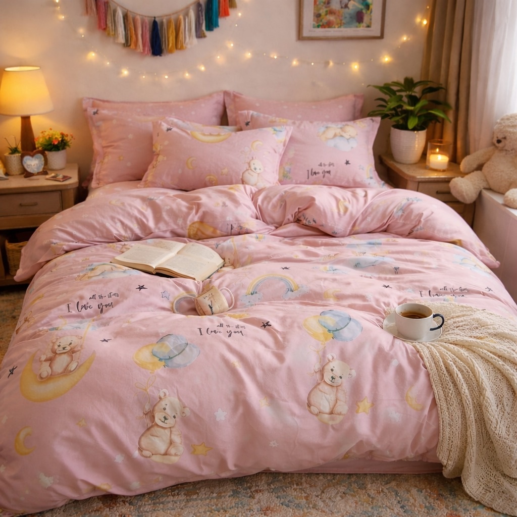 Lenjerie pat dublu cu ELASTIC, Finet, 6 piese, Roz, ursuleti - imagine 5