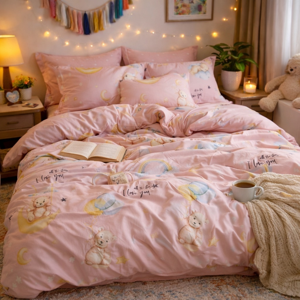 Lenjerie pat dublu cu ELASTIC, Finet, 6 piese, Roz, ursuleti - imagine 6