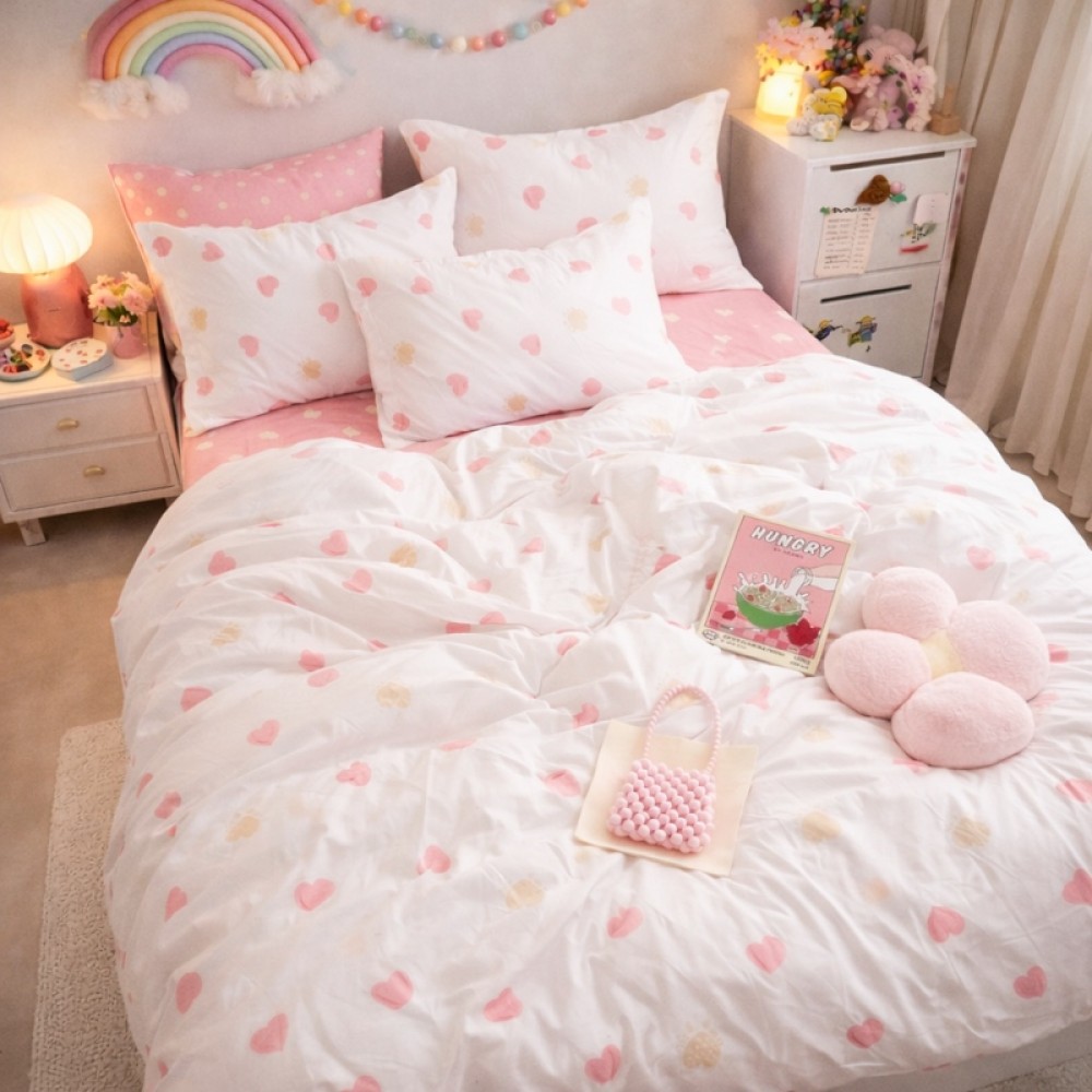 Lenjerie pat dublu cu ELASTIC, Finet, 6 piese, Alb, Roz, inimioare — imaginea 2