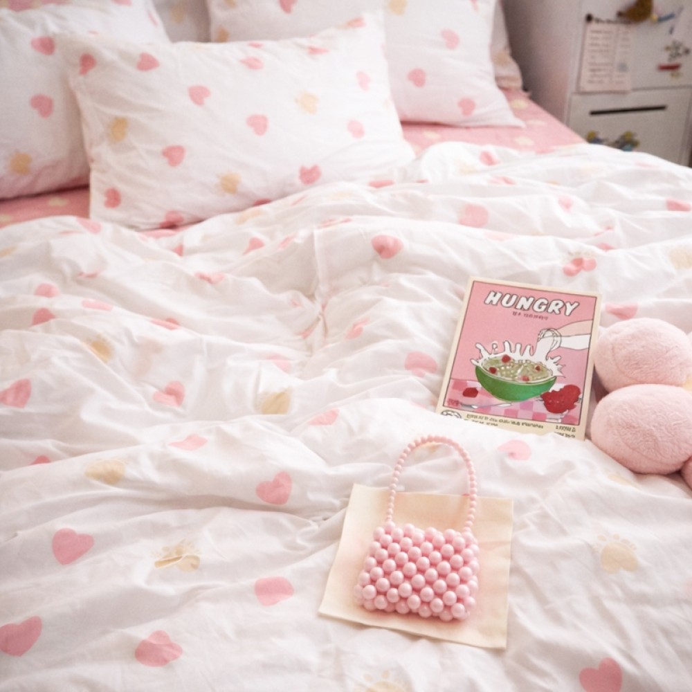 Lenjerie pat dublu cu ELASTIC, Finet, 6 piese, Alb, Roz, inimioare — imaginea 5
