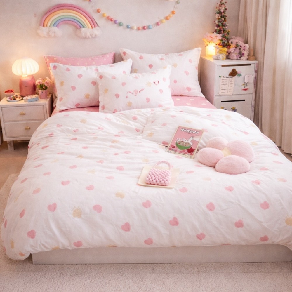 Lenjerie pat dublu cu ELASTIC, Finet, 6 piese, Alb, Roz, inimioare — imaginea 6