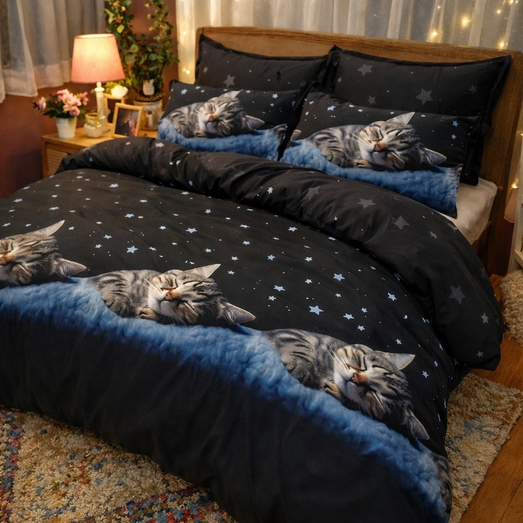 Lenjerie pat dublu cu ELASTIC, Finet, 6 piese, Negru, pisicute - imagine 2