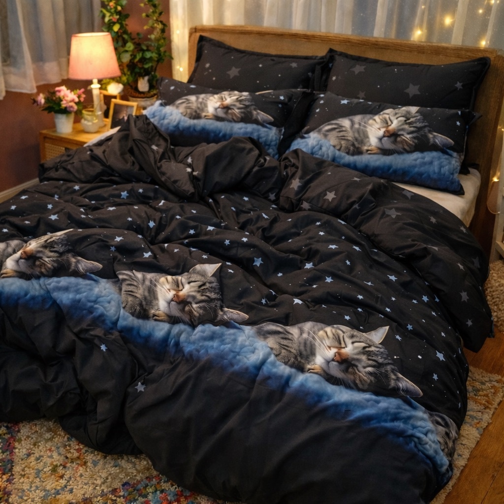 Lenjerie pat dublu cu ELASTIC, Finet, 6 piese, Negru, pisicute - imagine 3