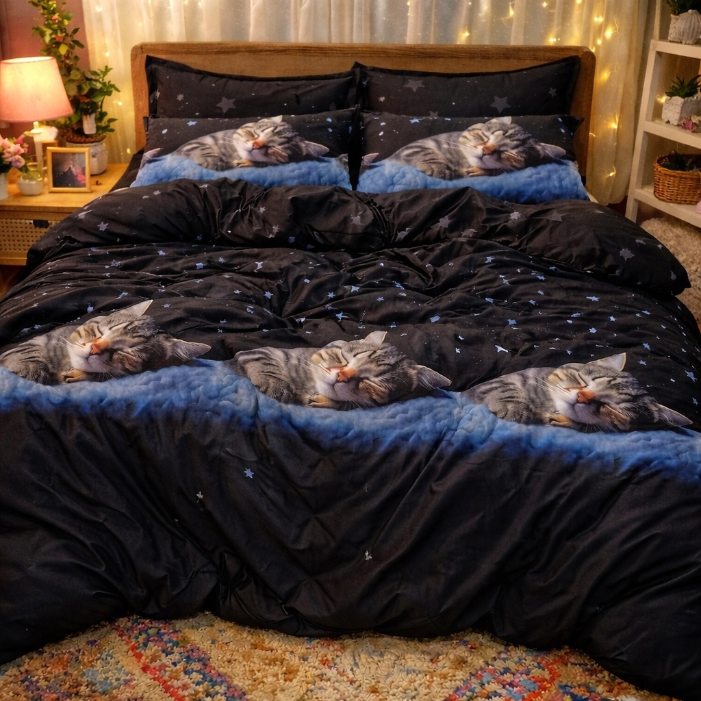 Lenjerie pat dublu cu ELASTIC, Finet, 6 piese, Negru, pisicute - imagine 4