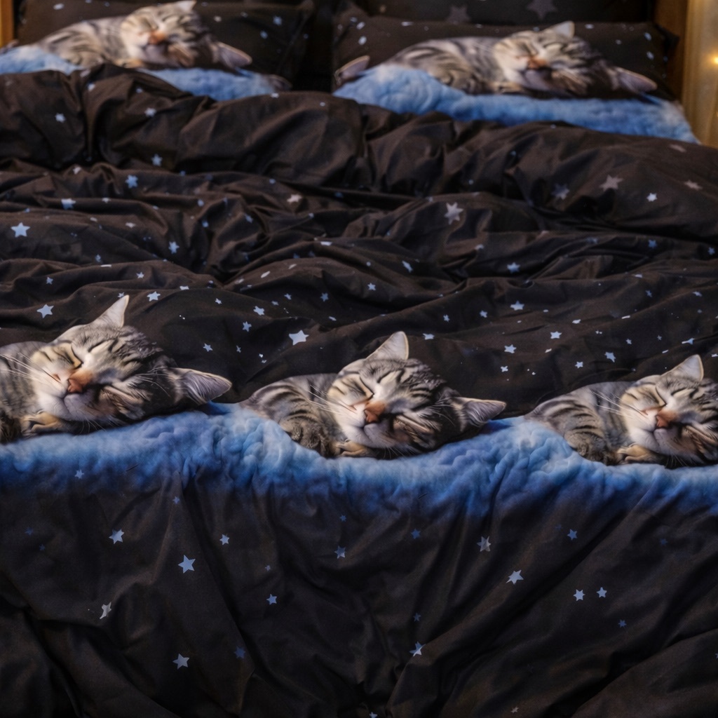 Lenjerie pat dublu cu ELASTIC, Finet, 6 piese, Negru, pisicute - imagine 5