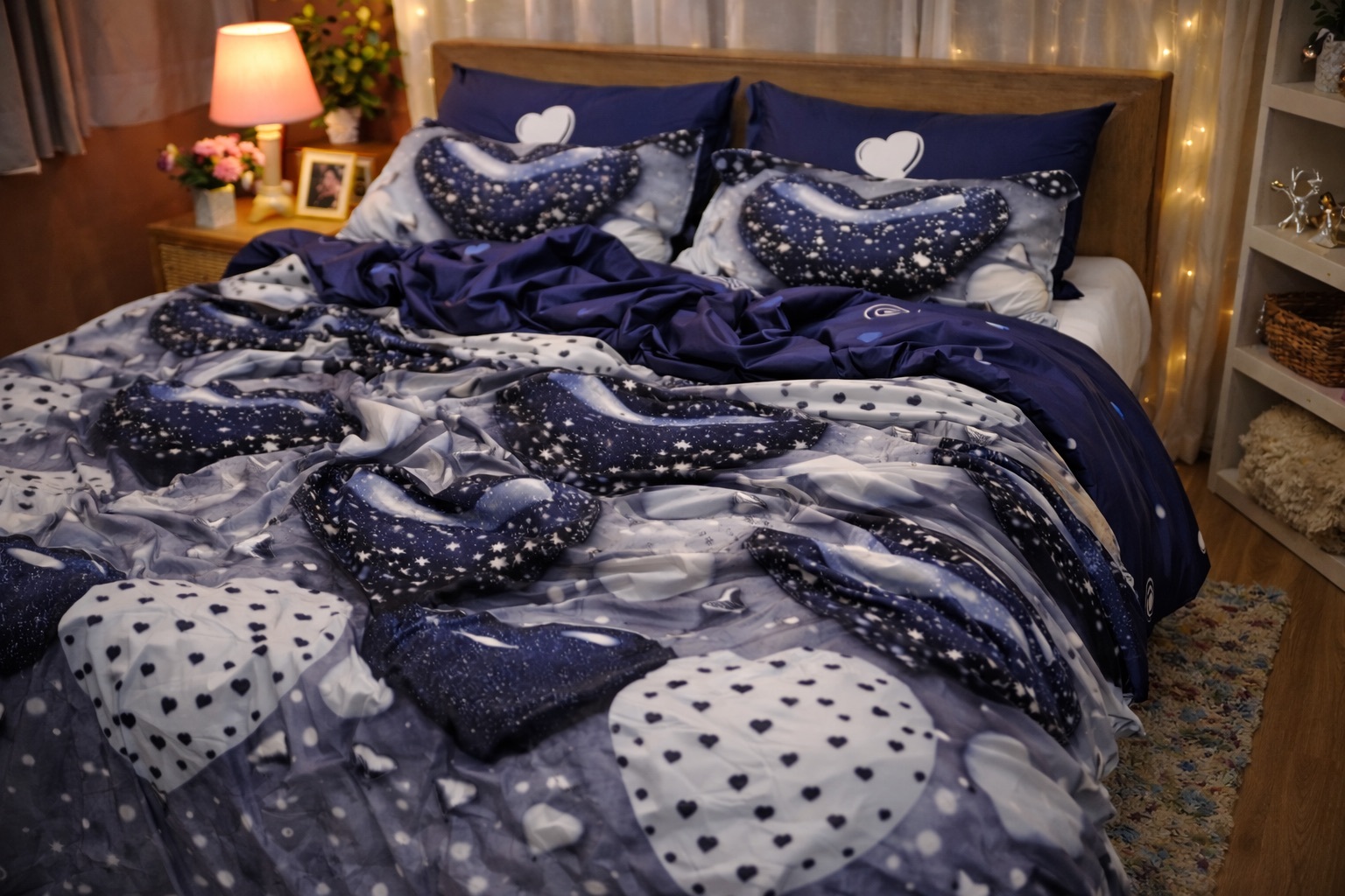 Lenjerie pat dublu cu ELASTIC, Finet, 6 piese, Albastru, inimioare - imagine 4