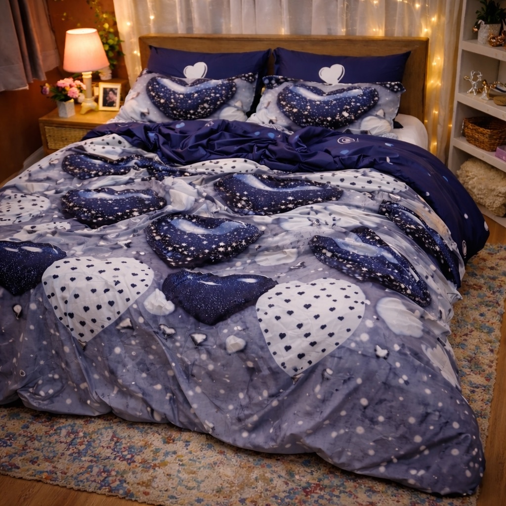 Lenjerie pat dublu cu ELASTIC, Finet, 6 piese, Albastru, inimioare - imagine 5