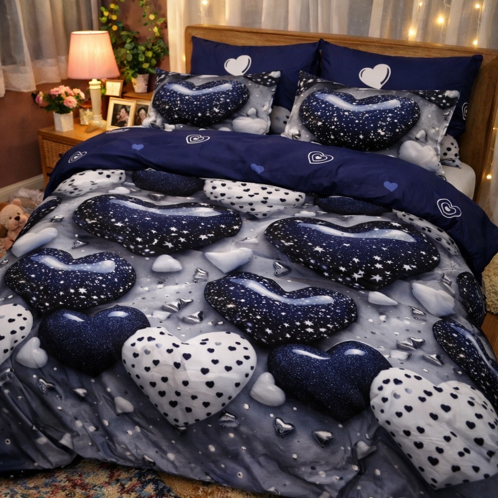 Lenjerie pat dublu cu ELASTIC, Finet, 6 piese, Albastru, inimioare - imagine 7