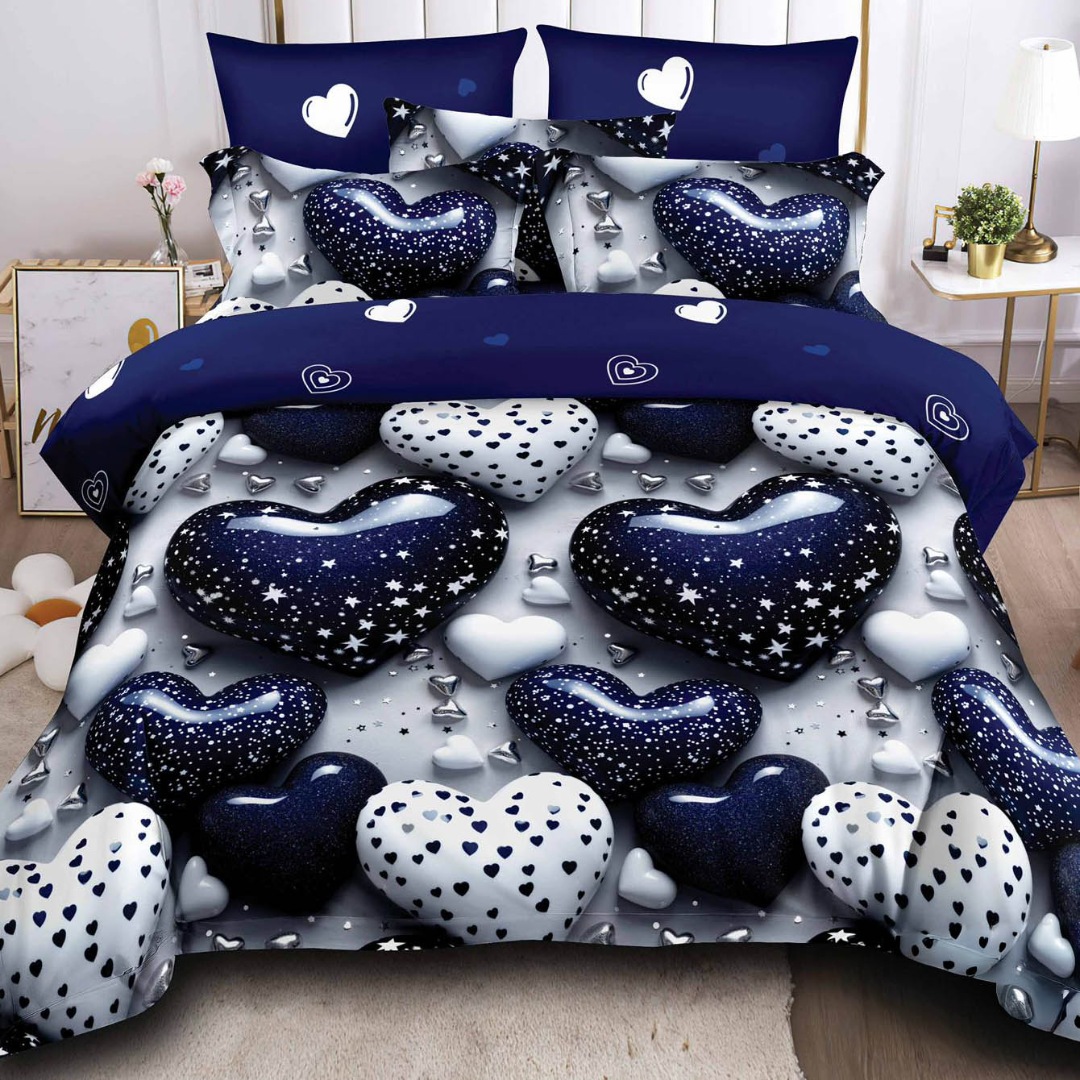 Lenjerie pat dublu cu ELASTIC, Finet, 6 piese, Albastru, inimioare - imagine 8