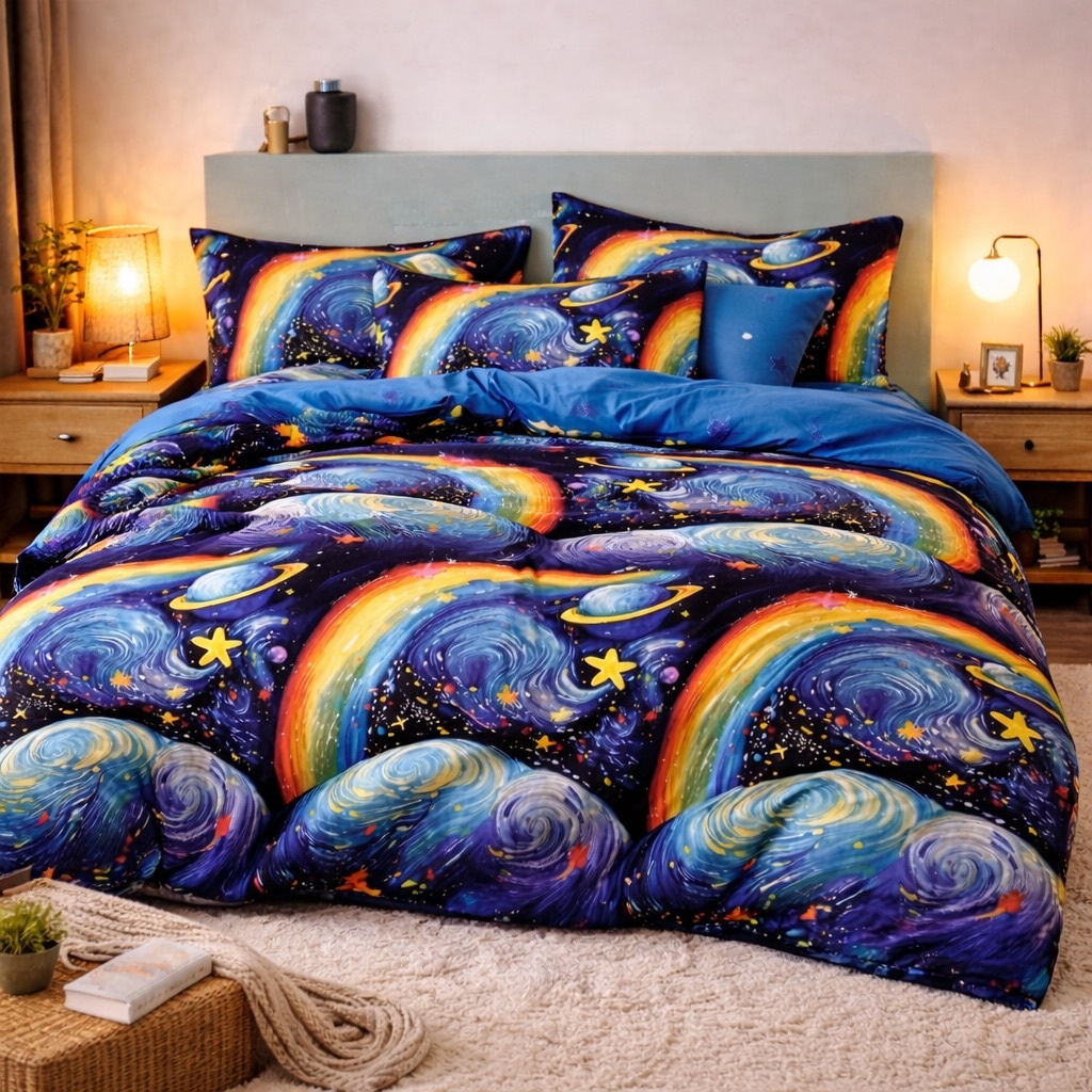 Lenjerie pat dublu cu ELASTIC, Finet, 6 piese, albastru, planete - imagine 2