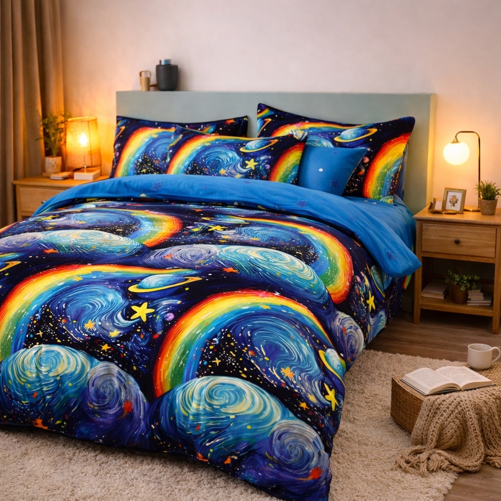 Lenjerie pat dublu cu ELASTIC, Finet, 6 piese, albastru, planete - imagine 3