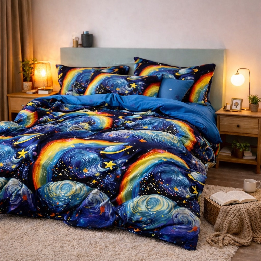 Lenjerie pat dublu cu ELASTIC, Finet, 6 piese, albastru, planete - imagine 4