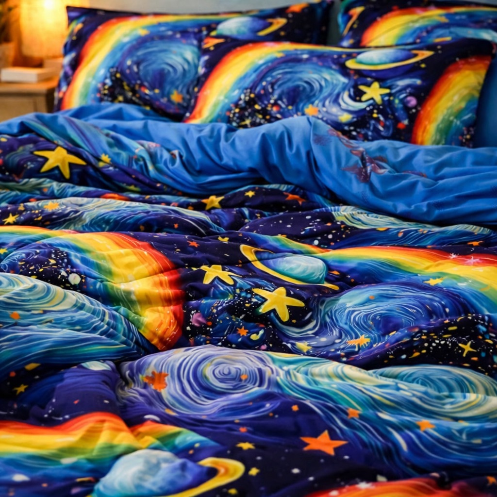 Lenjerie pat dublu cu ELASTIC, Finet, 6 piese, albastru, planete - imagine 6