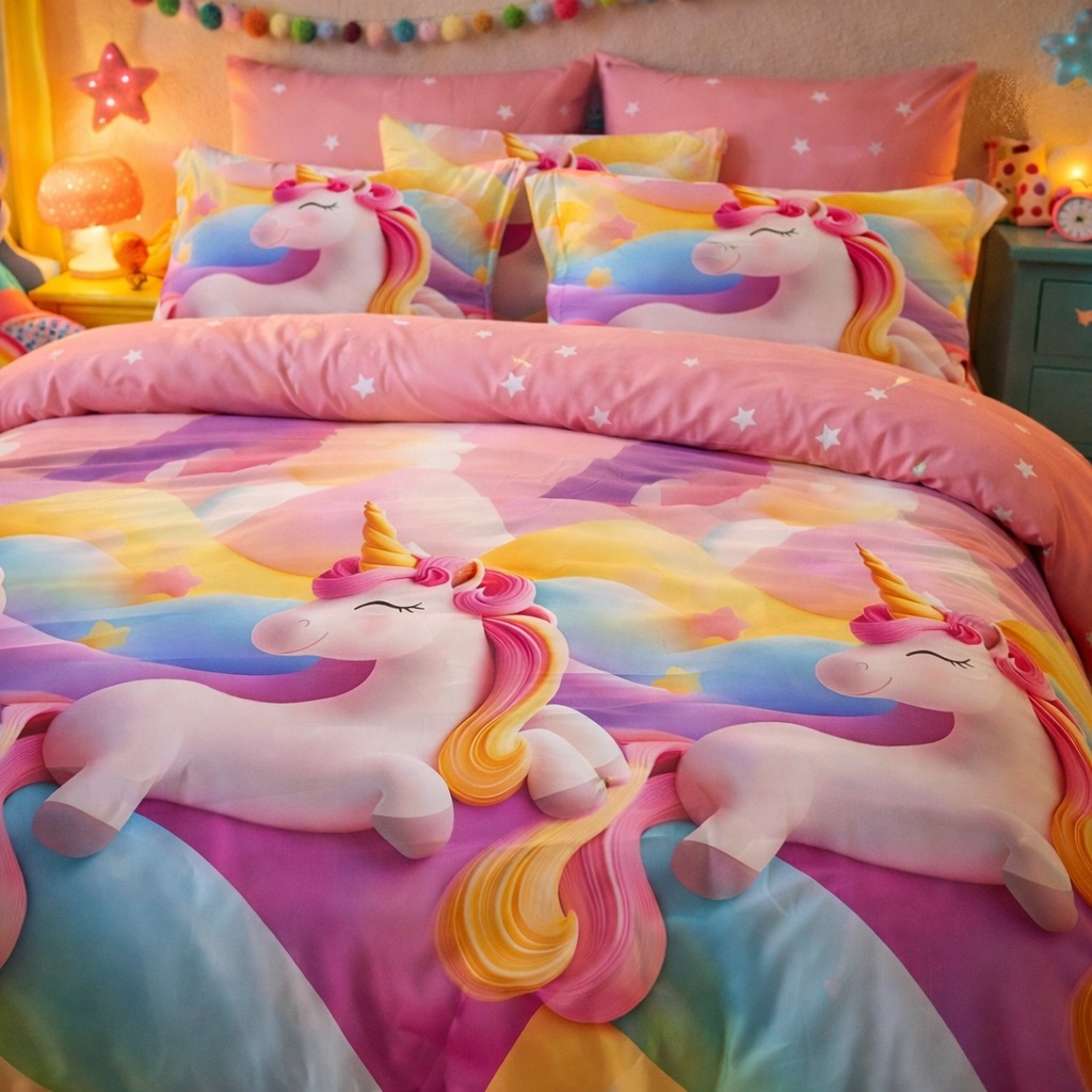 Lenjerie pat dublu cu ELASTIC, Finet, 6 piese, Multicolor, unicorni - imagine 3