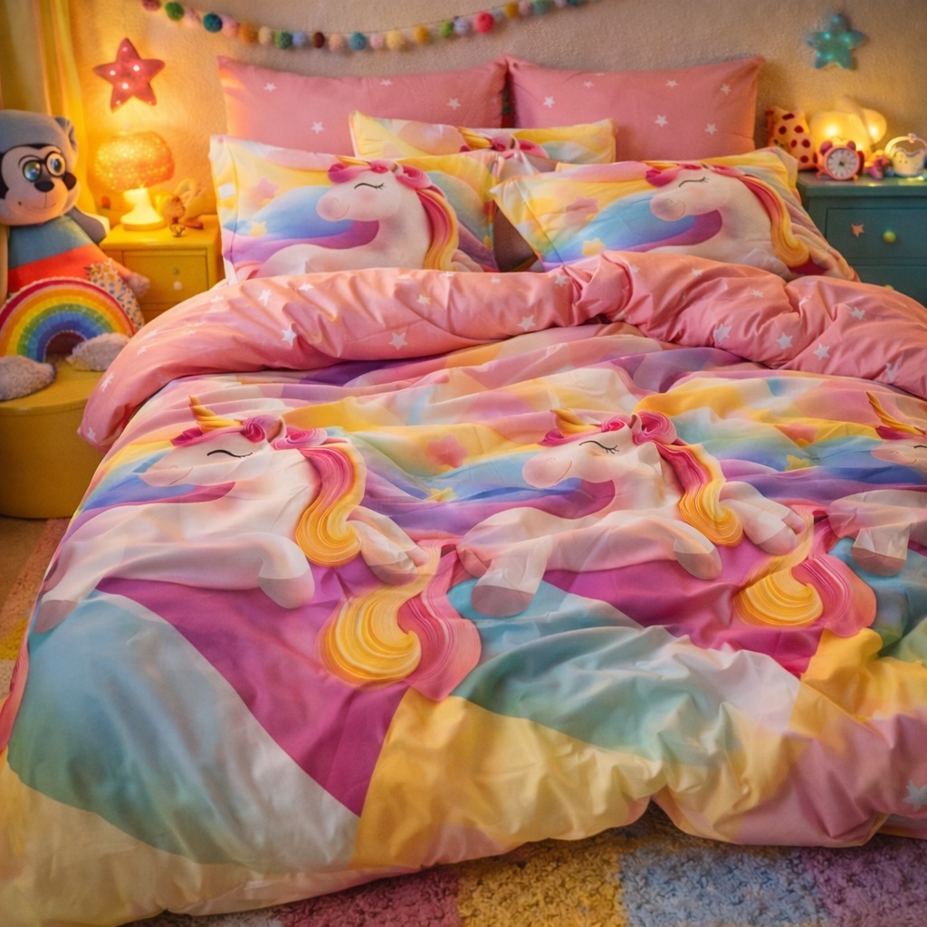 Lenjerie pat dublu cu ELASTIC, Finet, 6 piese, Multicolor, unicorni - imagine 5