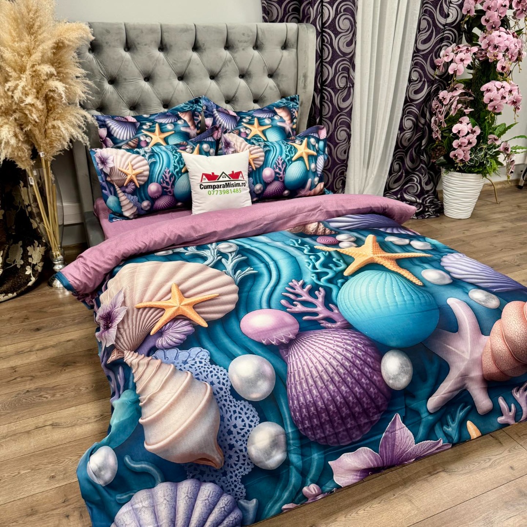 Lenjerie pat dublu, FINET, Imprimeu Digital 5D - Identic cu poza, Cu ELASTIC, 6 piese, Pucioasa, Mov, Turcuaz, perle, scoici - imagine 7