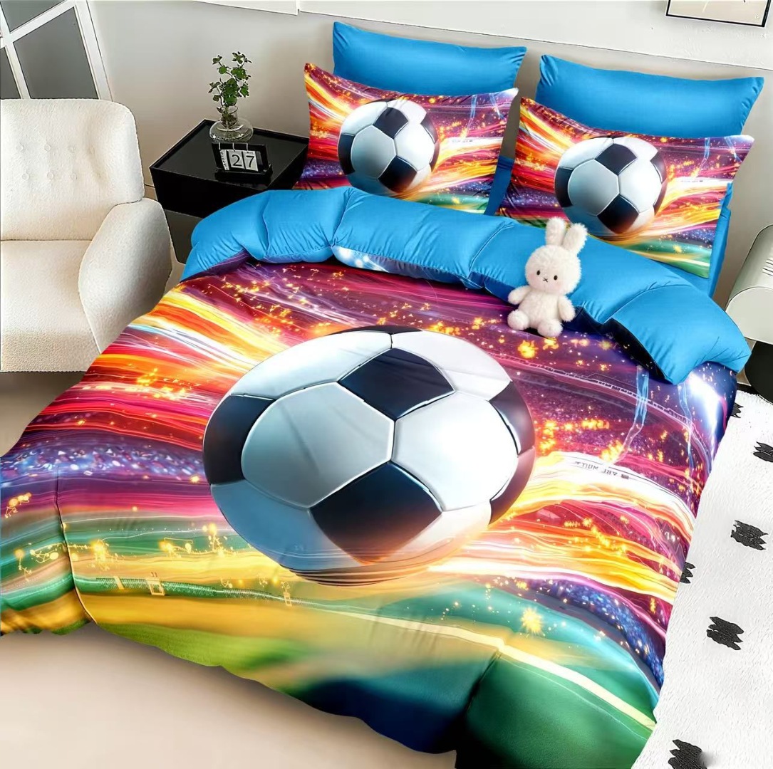 Lenjerie pat dublu, FINET, Imprimeu Digital 5D - Identic cu poza, Cu ELASTIC, 6 piese, Pucioasa, Multicolor, minge de fotbal - imagine 2