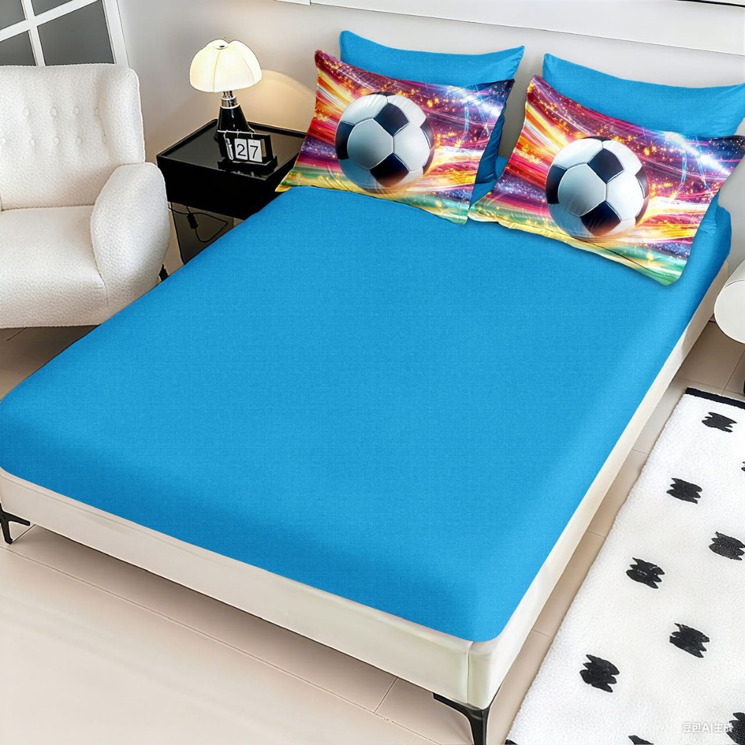 Lenjerie pat dublu, FINET, Imprimeu Digital 5D - Identic cu poza, Cu ELASTIC, 6 piese, Pucioasa, Multicolor, minge de fotbal - imagine 3