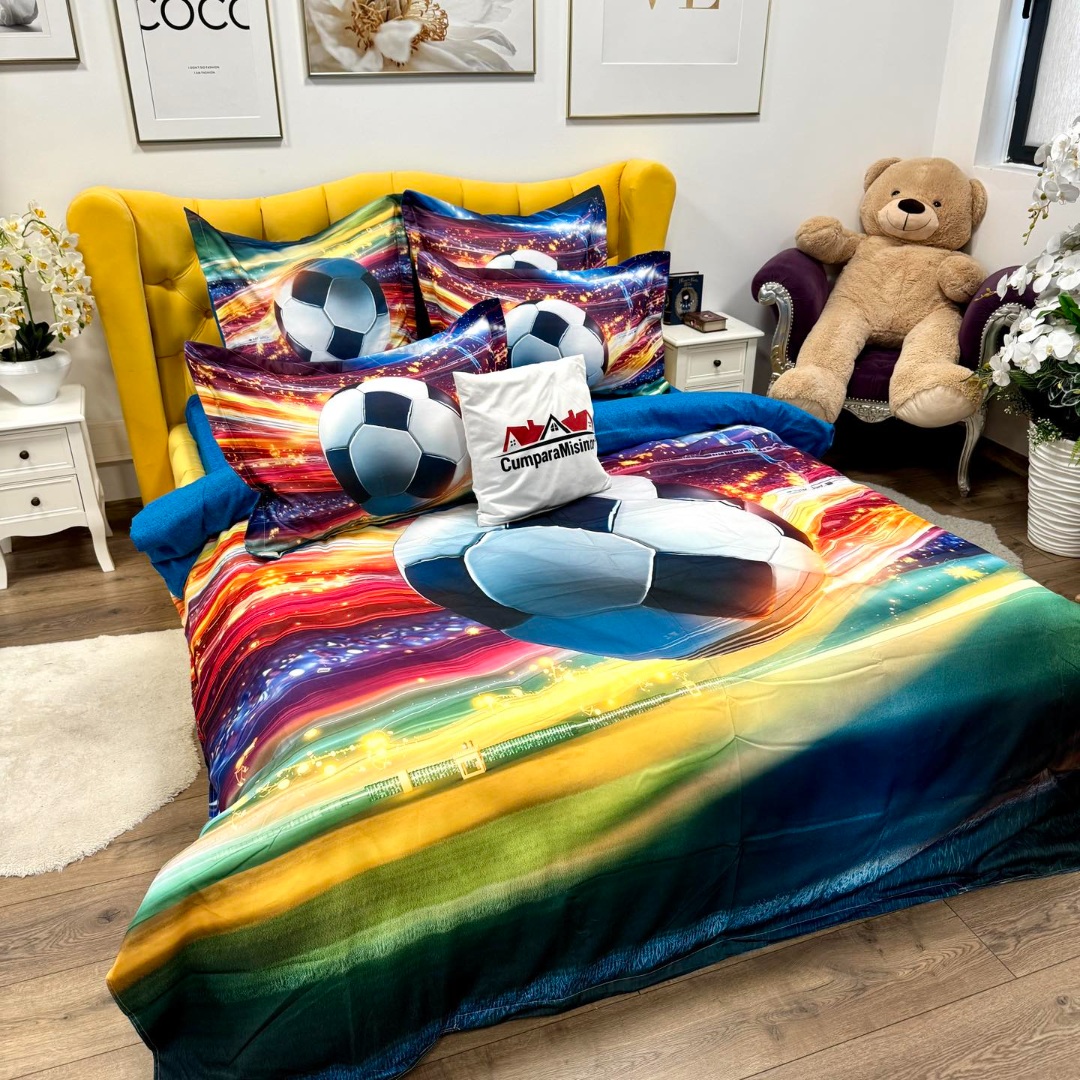 Lenjerie pat dublu, FINET, Imprimeu Digital 5D - Identic cu poza, Cu ELASTIC, 6 piese, Pucioasa, Multicolor, minge de fotbal - imagine 4