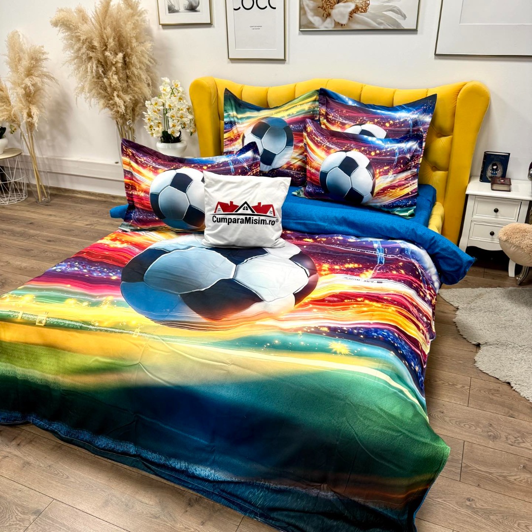 Lenjerie pat dublu, FINET, Imprimeu Digital 5D - Identic cu poza, Cu ELASTIC, 6 piese, Pucioasa, Multicolor, minge de fotbal - imagine 5
