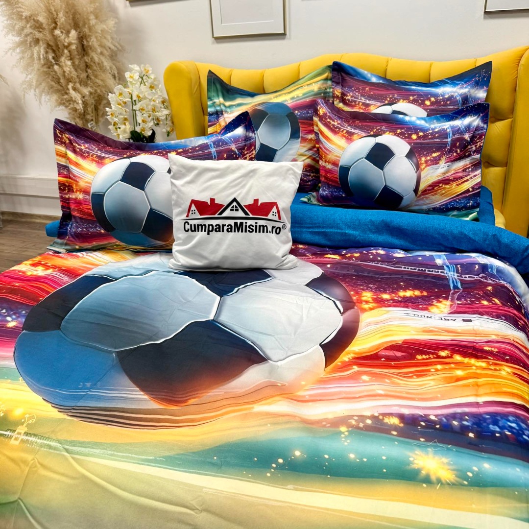 Lenjerie pat dublu, FINET, Imprimeu Digital 5D - Identic cu poza, Cu ELASTIC, 6 piese, Pucioasa, Multicolor, minge de fotbal - imagine 8