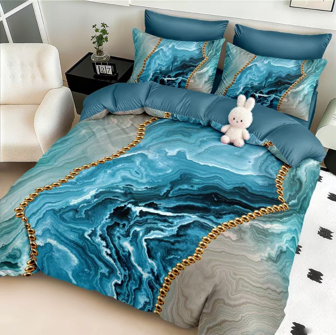 Lenjerie pat dublu, FINET, Imprimeu Digital 5D - Identic cu poza, Cu ELASTIC, 6 piese, Pucioasa, Turcuaz, abstract, elegant - imagine 2