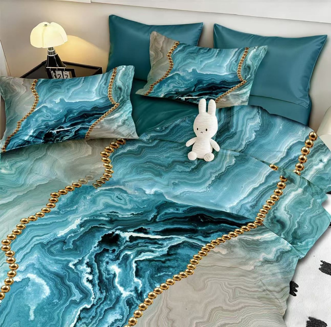 Lenjerie pat dublu, FINET, Imprimeu Digital 5D - Identic cu poza, Cu ELASTIC, 6 piese, Pucioasa, Turcuaz, abstract, elegant - imagine 3