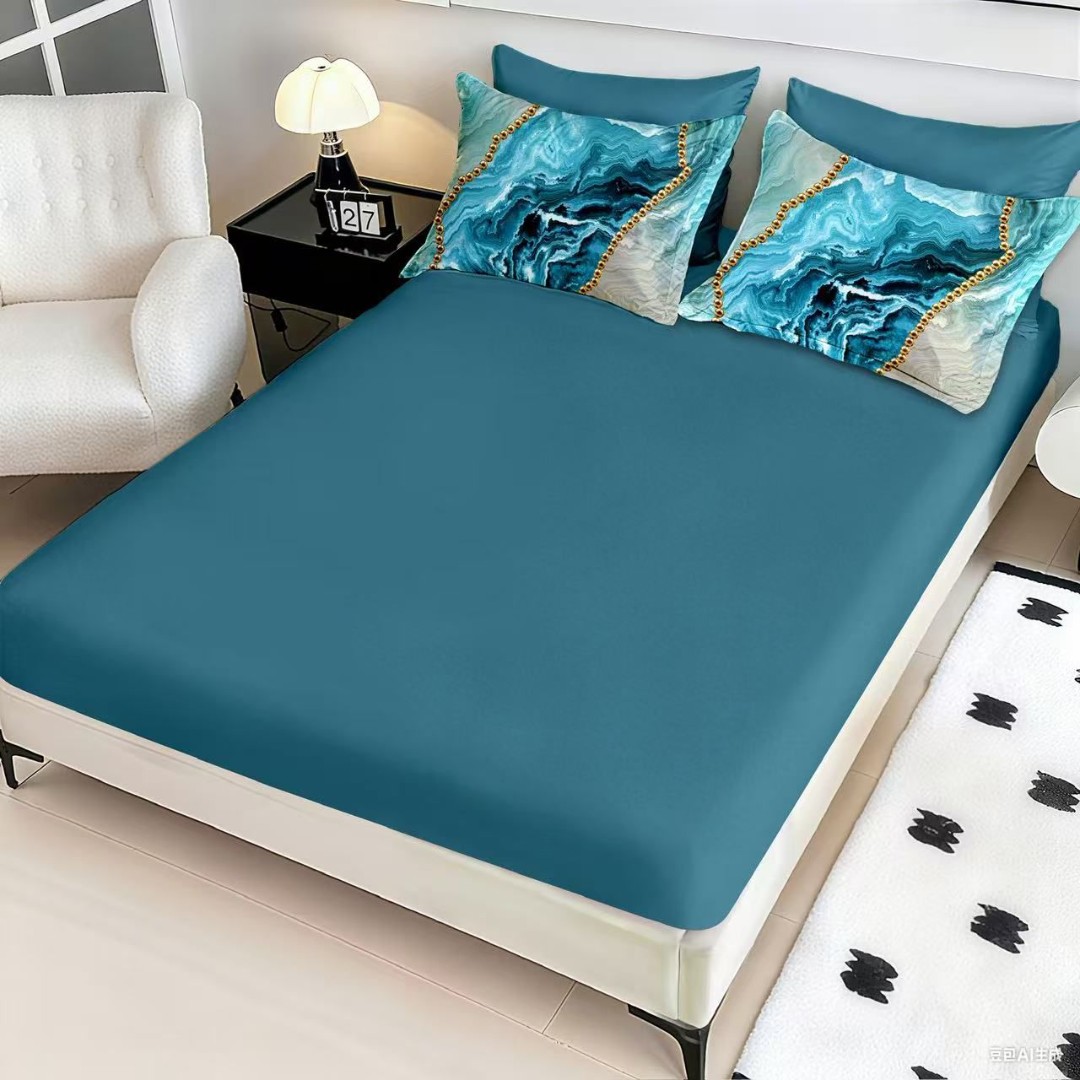 Lenjerie pat dublu, FINET, Imprimeu Digital 5D - Identic cu poza, Cu ELASTIC, 6 piese, Pucioasa, Turcuaz, abstract, elegant - imagine 4