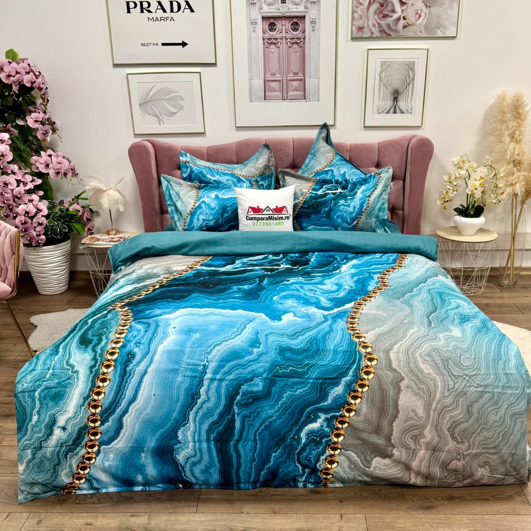Lenjerie pat dublu, FINET, Imprimeu Digital 5D - Identic cu poza, Cu ELASTIC, 6 piese, Pucioasa, Turcuaz, abstract, elegant - imagine 5