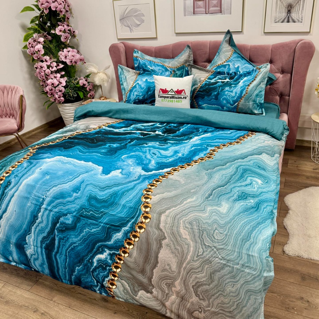 Lenjerie pat dublu, FINET, Imprimeu Digital 5D - Identic cu poza, Cu ELASTIC, 6 piese, Pucioasa, Turcuaz, abstract, elegant - imagine 7