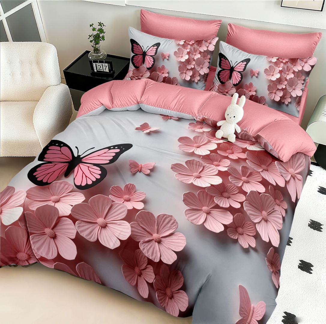 Lenjerie pat dublu, FINET, Imprimeu Digital 5D - Identic cu poza, Cu ELASTIC, 6 piese, Pucioasa, Gri, Roz, fluturi si floricele - imagine 2