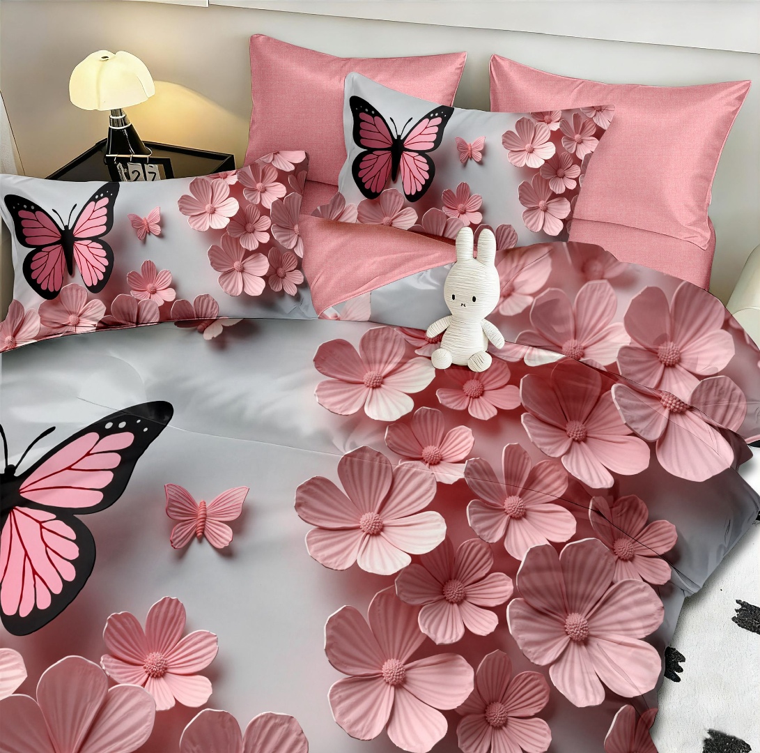 Lenjerie pat dublu, FINET, Imprimeu Digital 5D - Identic cu poza, Cu ELASTIC, 6 piese, Pucioasa, Gri, Roz, fluturi si floricele - imagine 3