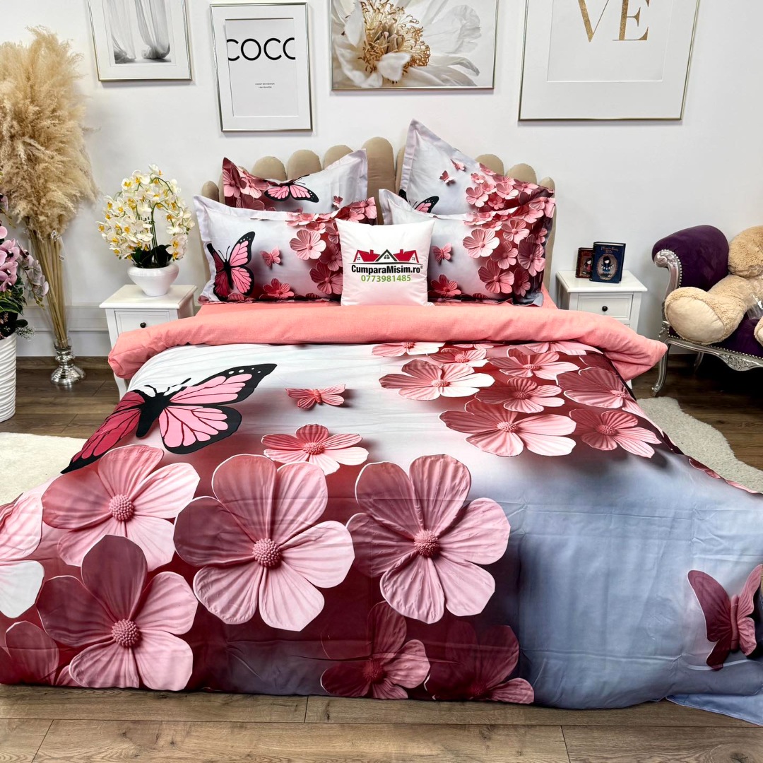 Lenjerie pat dublu, FINET, Imprimeu Digital 5D - Identic cu poza, Cu ELASTIC, 6 piese, Pucioasa, Gri, Roz, fluturi si floricele - imagine 5