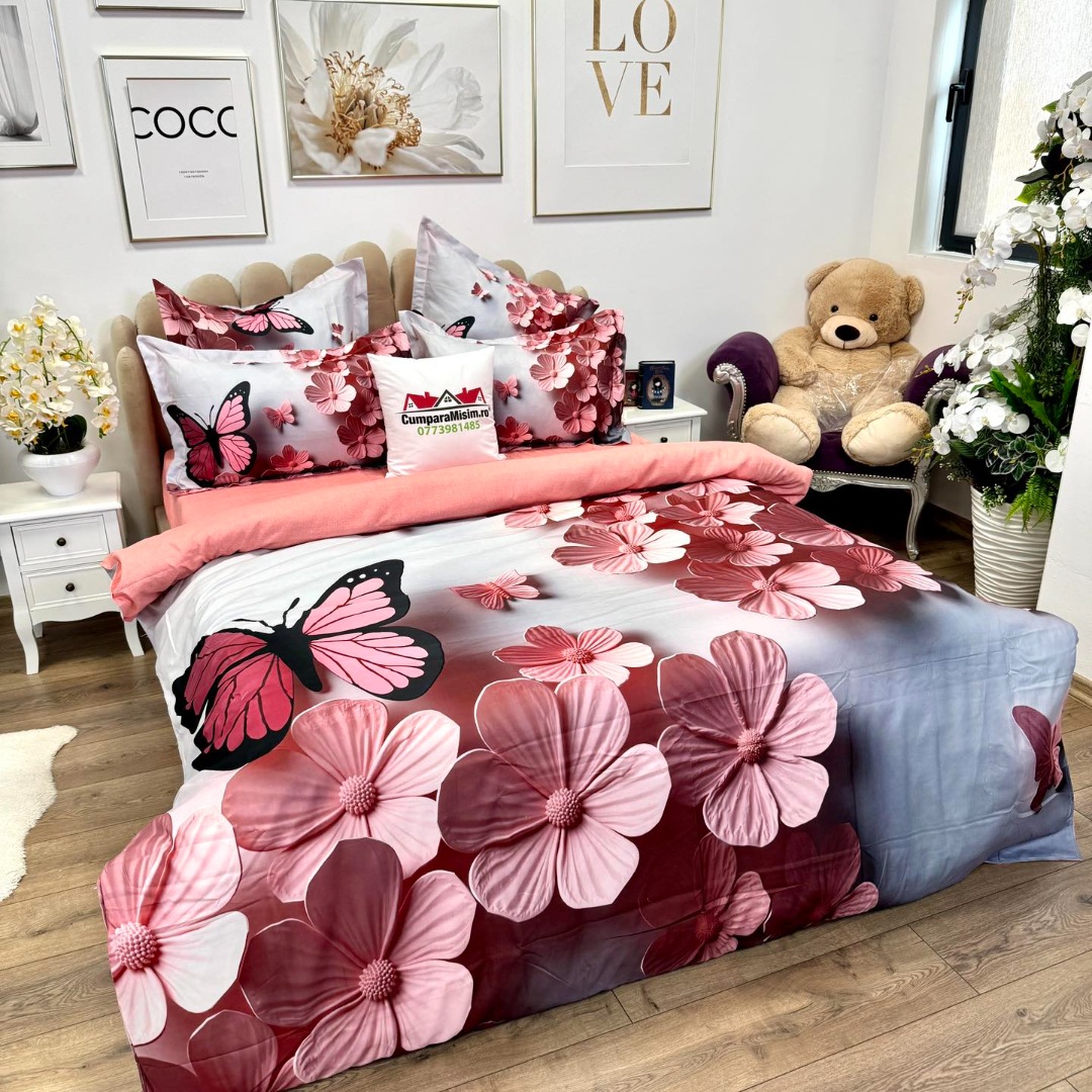 Lenjerie pat dublu, FINET, Imprimeu Digital 5D - Identic cu poza, Cu ELASTIC, 6 piese, Pucioasa, Gri, Roz, fluturi si floricele - imagine 6